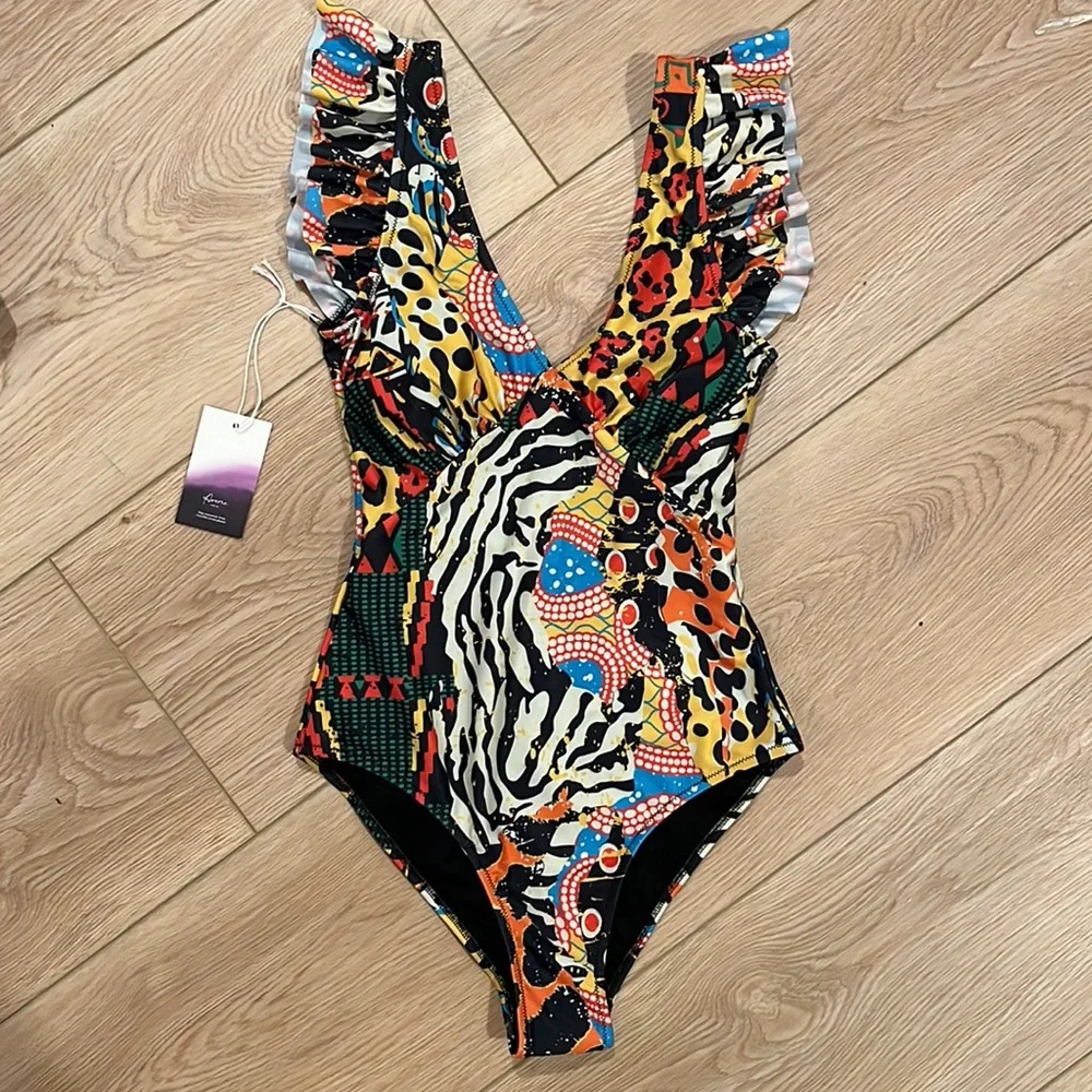 NWT Averie Harlow Plunge One Piece Ruffle Swimsuit | Wilde Print on Black - Picture 4 of 12